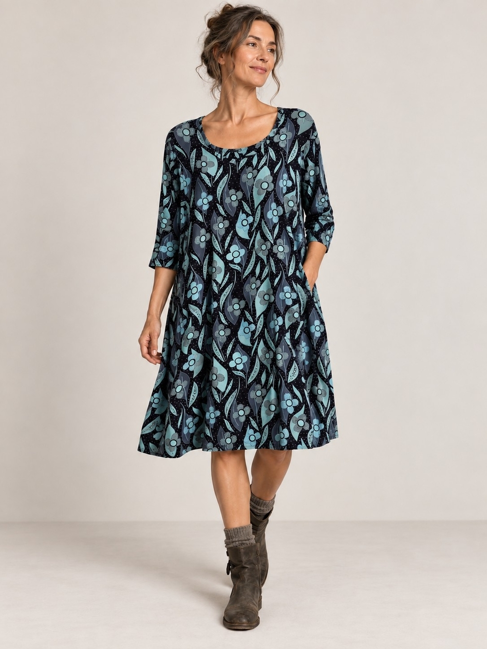 GUDRUN SJODEN Sweden Swedish Organic Cotton Scoop Neck Floral Dress Large